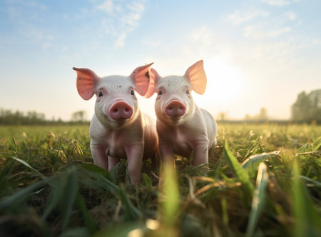 two pigs on a green field near grass and crops on the back of farm, by ai generativeの素材