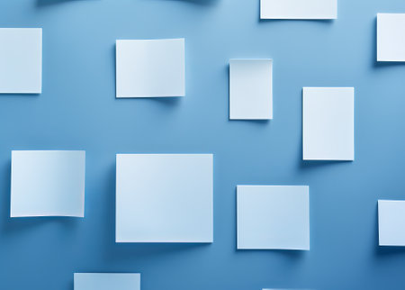 two square cards on bright blue background, in the style of minimal retouching, white sheet of paper, in the style of minimalistic abstract compositions, by ai generativeの素材