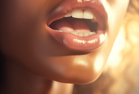 beautiful woman with long hair showing her mouth, woman makes a tongue pop out of her mouth, by ai generativeの素材