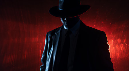 man wearing hat and trenchcoat is standing in front of dark background, spy watches from the dark, killer waits in the dark, by ai generativeの素材