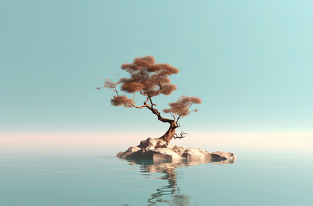 Single tree on a lake. Minimalism of lone tree and its reflection., by ai generativeの素材