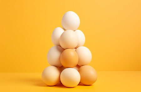 several chicken eggs on yellow background natural products in minilalistic style, incubator and poultry farm concept., by ai generativeの素材