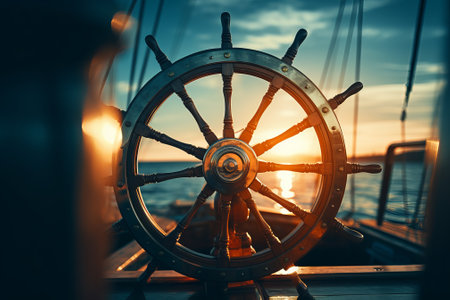 wooden rudder of an old ship in the ocean at sunset. Sunrise on a sea voyage, by ai generativeの素材