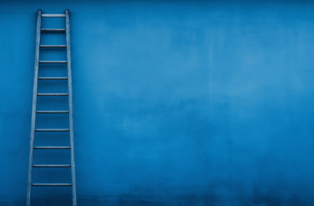 ladder on bright blue colored wall, in the style of dark blue background, concept minimalism, by ai generativeの素材