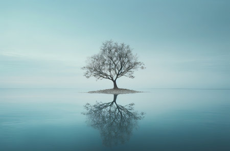 Single tree on a lake. Minimalism of lone tree and its reflection., by ai generativeの素材
