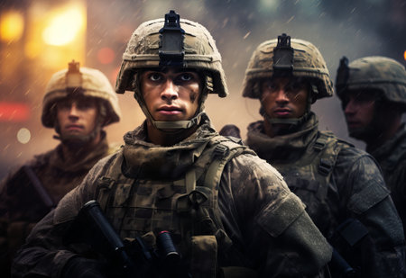 group of military soldiers saluting behind one another. the defense of the country and its defenders, by ai generativeの素材