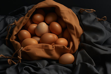 Chicken eggs in sack bag on dark background., by ai generativeの素材