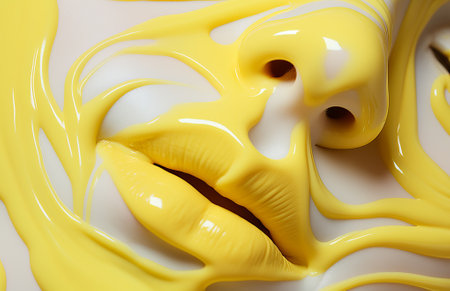 face of a young woman with clean beautiful skin with stylish makeup and full of colorful splashes of cosmetics and yellow cream, by ai generativeの素材