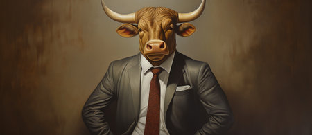 man with bull head in a business suit, alpha male in a suit. businessman leader, crypto trader concept, by ai generativeの素材