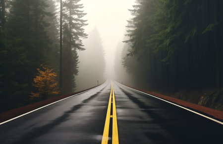 Road in foggy forest in rainy day. Beautiful mountain curved roadway with fog and overcast sky. Landscape with empty wet asphalt road. empty highway lined, by ai generativeの素材