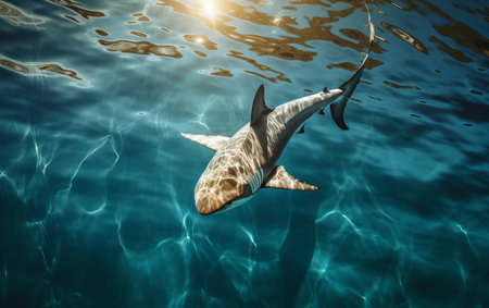 Ocean shark bottom view from below. Open toothy dangerous mouth with many teeth. Underwater blue sea waves clear water shark swims forward, by ai generativeの素材