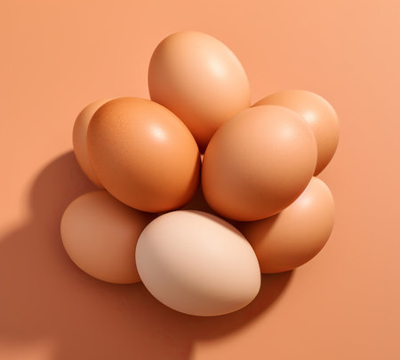 some beautiful chicken eggs on beige background natural products in minilalistic style, incubator and poultry farm concept., by ai generativeの素材