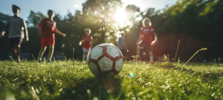 player playing soccer with ball, close up of foot and ball on green grass, by ai generativeの素材