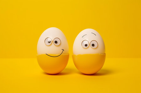 two chicken eggs with drawn eyes on yellow background natural products in minilalistic style, concept of incubator and poultry farm., by ai generativeの素材