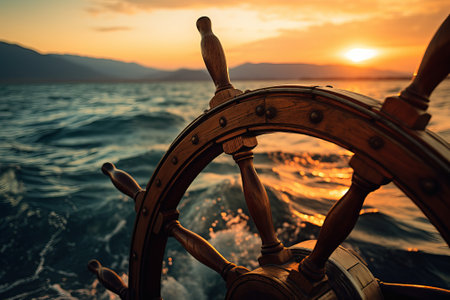 wooden rudder of an old ship in the ocean at sunset. Sunrise on a sea voyage, by ai generativeの素材