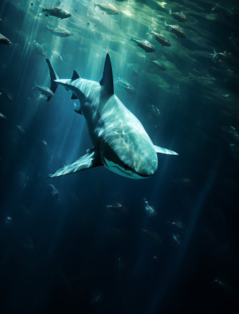 Ocean shark bottom view from below. Open toothy dangerous mouth with many teeth. Underwater blue sea waves clear water shark swims forward, by ai generativeの素材