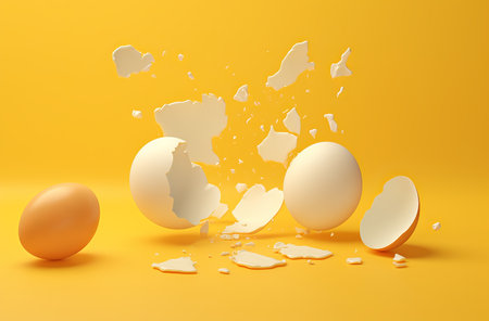 broken chicken egg on yellow background natural production in minilalistic style, incubator and poultry farm concept., by ai generativeの素材