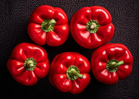 Red bell peppers on a counter in the supermarket. A large number of red peppers in pile top view, by ai generativeの素材