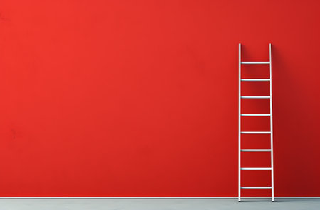 ladder on bright red colored wall, in the style of dark red background, concept minimalism, by ai generativeの素材