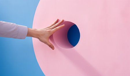 person putting a hand around a pink hole, in the style of minimalist composition, pink and blue, surreal pop, realist detail, handheld, by ai generativeの素材