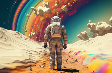 astronaut is standing out in front of a rainbow. Cosmic art, science fiction wallpaper. Beauty of deep space. Billions of galaxies in the universe., by ai generativeの素材