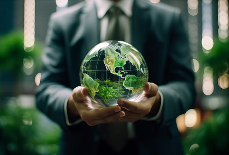 planet in the hands of a politician and the head of a country in the office of a businessman, concept of power in the hands, by ai generativeの素材