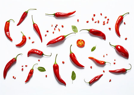 red hot chili pepper decorated with green leaves isolated on white background. in the style of minimalis. Top view. Flat lay pattern, by ai generativeの素材