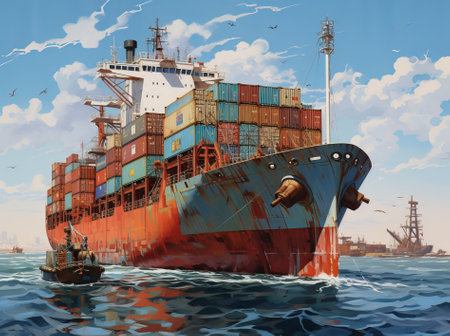 Container cargo ship, import export commerce business trade logistic and transportation of International by container cargo ship boat in open sea, by ai generativeの素材