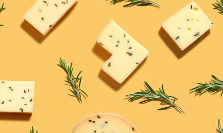 Cheese with rosemary full depth of field. Hard cheese with spices beautiful still life, by ai generativeの素材
