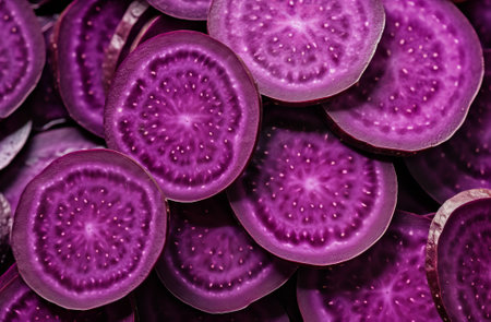 Purple sweet potato sliced abstract texture background. Fresh violet vegetable natural color palette of healthy antioxidant root harvest. Autumn vitamin nutrition, by ai generativeの素材