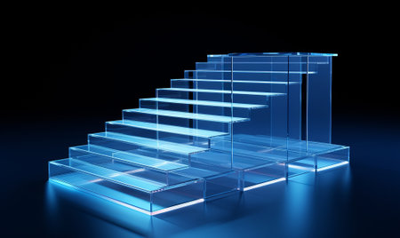 digital stair is made of blue electronic light and has flag, digital stairs and flag going up on blue background, by ai generativeの素材