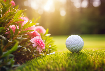 golf ball and golf club in a grass field, in the style of golden light, by ai generativeの素材
