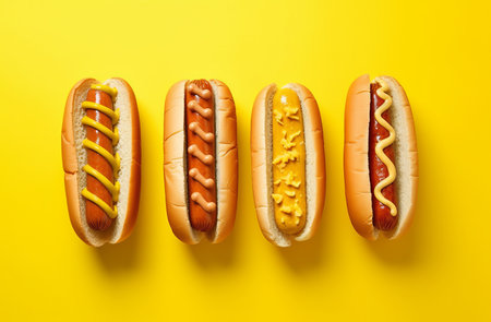 Hot dog grill with mustard isolated on yellow background. hotdog fast food., by ai generativeの素材