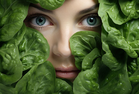 Full length image of a spinach background with a womans face in the middle. View from above, by ai generativeの素材