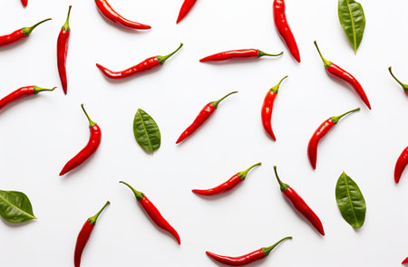 red hot chili pepper decorated with green leaves isolated on white background. in the style of minimalis. Top view. Flat lay pattern, by ai generativeの素材