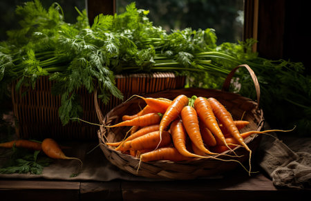 Colorful carrot with their green leaves in a box on wooden background, top view, by ai generativeの素材