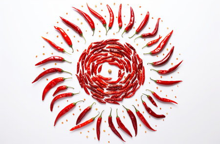 red hot chili pepper decorated with green leaves isolated on white background. in the style of minimalis. Top view. Flat lay pattern, by ai generativeの素材