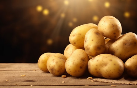 New potato isolated on wooden table close up, by ai generativeの素材