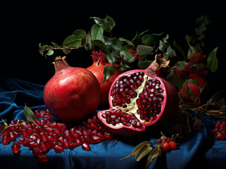 Ripe pomegranate fruits with pomegranate leaves on the dark background., by ai generativeの素材