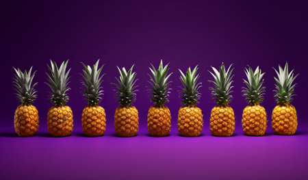 Different pineapples on purple background. Minimal concept, summer tropical stylish fruit. Creative art fashionable vacation concept. Summertime color mood, by ai generativeの素材