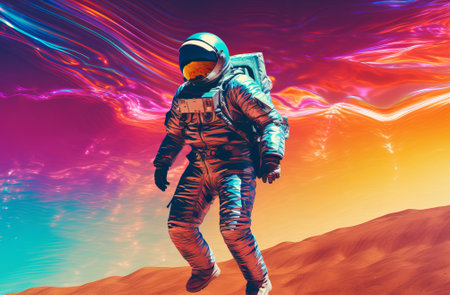 mr universe rainbow astronaut floating in space. Cosmic art, science fiction wallpaper. Beauty of deep space. Billions of galaxies in the universe., by ai generativeの素材