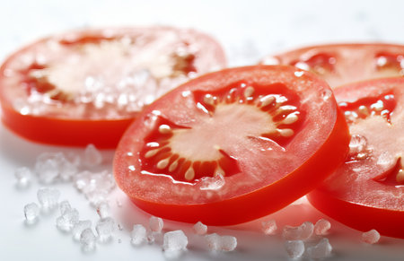 Fresh cut of red tomato slices and salt on white background, by ai generativeの素材