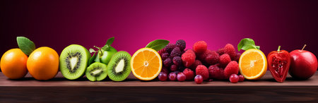 Plum, apple, strawberry, blueberry, papaya, pineapple, lemon, orange, lime, kiwi, melon, apricot, pitaya, mango and carambola on black background., by ai generativeの素材