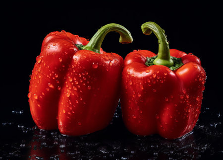 Two red sweet bell peppers with water drops isolated on black background, by ai generativeの素材