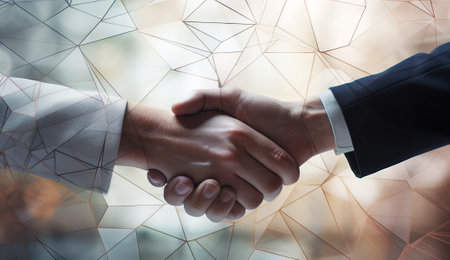 two businessmen shaking hands in front of a network background, people shaking each other hands over an abstract background, by ai generativeの素材