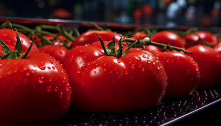 Water drops in tomatoes on shelf in supermarket. Fresh vegetables on market shelves, by ai generativeの素材