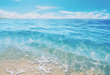 blue water beach with turquoise sand and the sun shining, beach in the sun and cloudy sky, sunny beach with blue water and sunshine, by ai generativeの素材