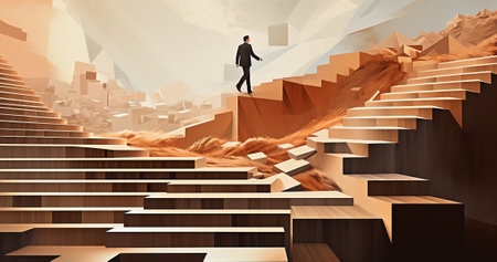 businessman is running up a staircase to reach success, business concept of overcoming obstacles, man running towards flag and key, by ai generativeの素材