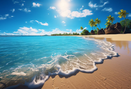 blue water beach with turquoise sand and the sun shining, beach in the sun and cloudy sky, sunny beach with blue water and sunshine, by ai generativeの素材