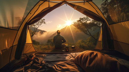 view from inside tent with sleeping bags legs on mountain, by ai generativeの素材